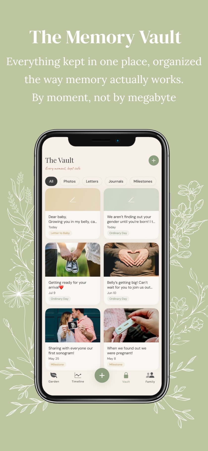 The Memory Vault — photos, letters, and milestones in one grid